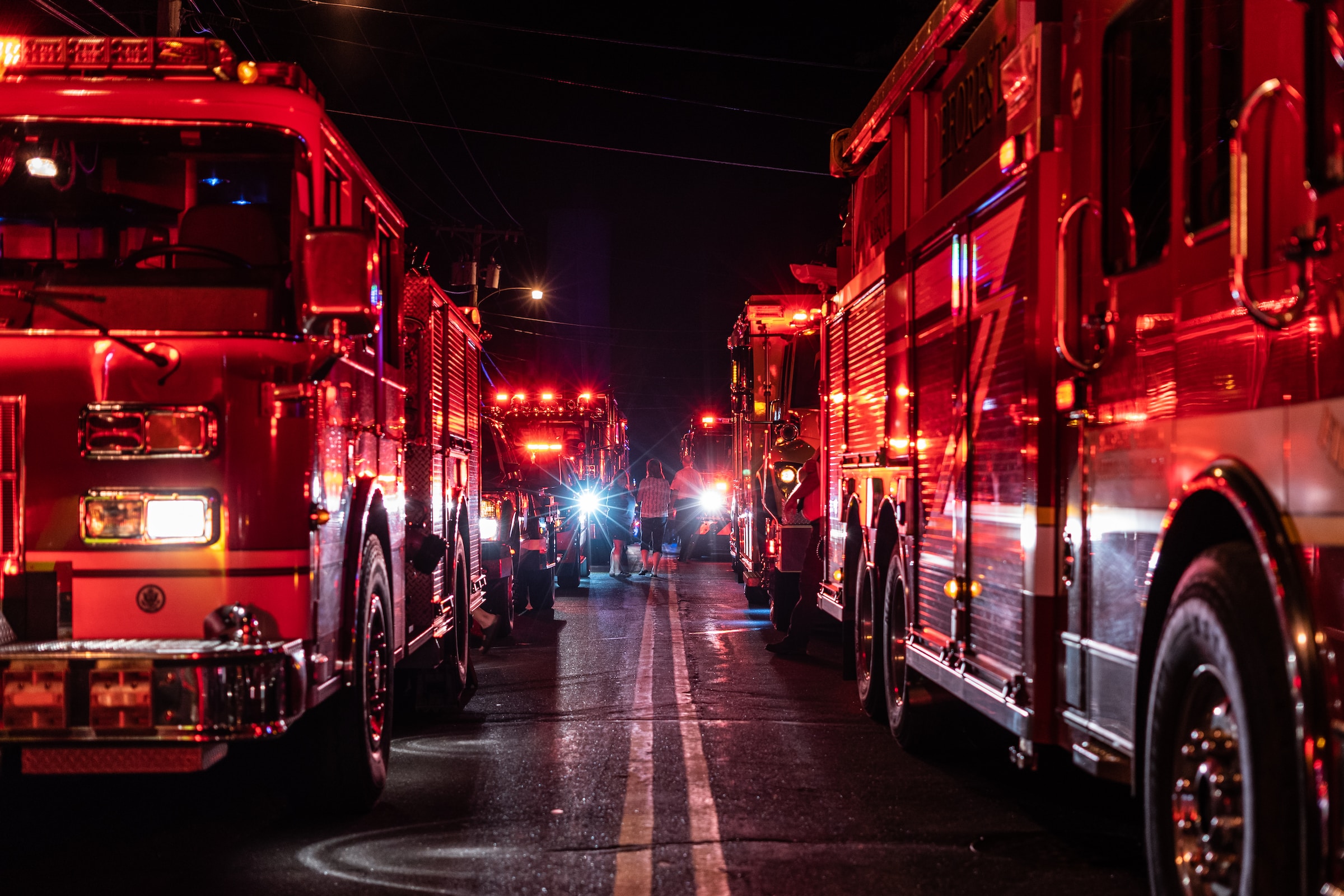 A row of fire trucks